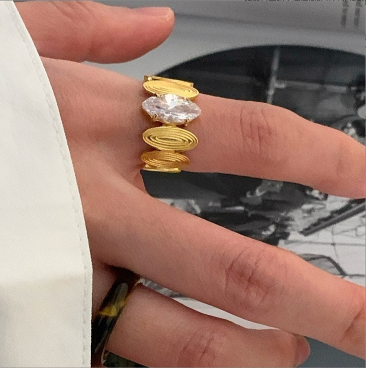 Radiant Core – Brushed Gold Oval Zircon Ring